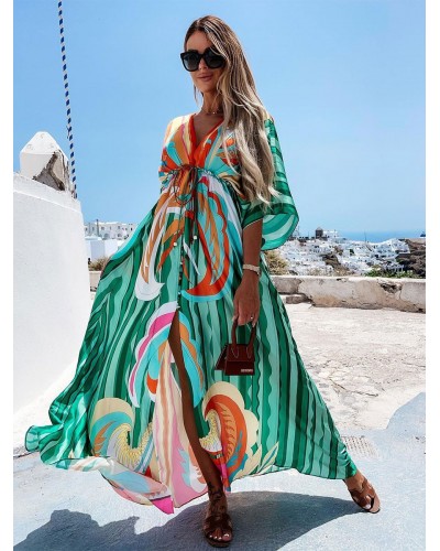 Women Long Dress V-Neck Batwing Printed Beach Cover-Up Bohemian Spring Summer Fall