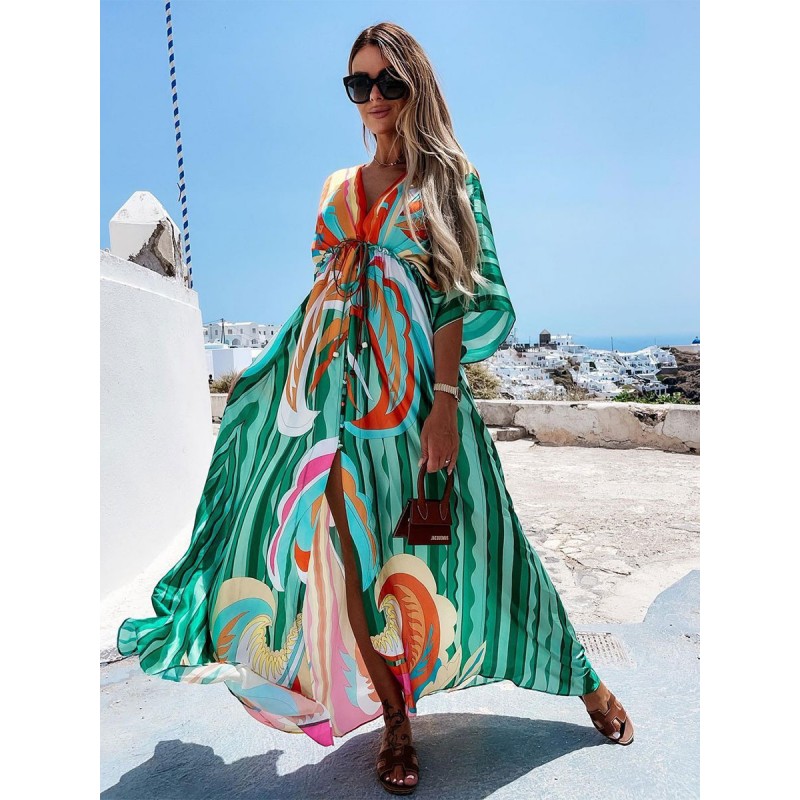 Women Long Dress V-Neck Batwing Printed Beach Cover-Up Bohemian Spring Summer Fall