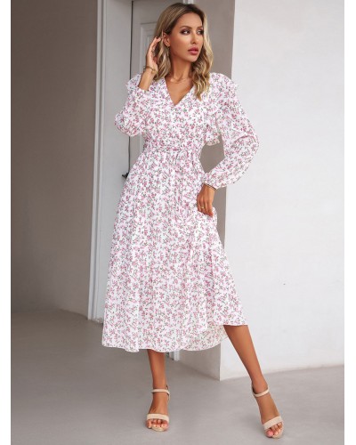 Floral Midi Dresses Ruffles V-Neck Long Sleeves Chic Fall Medium Dress Sweet Chic  Modern Daily Casual Dating