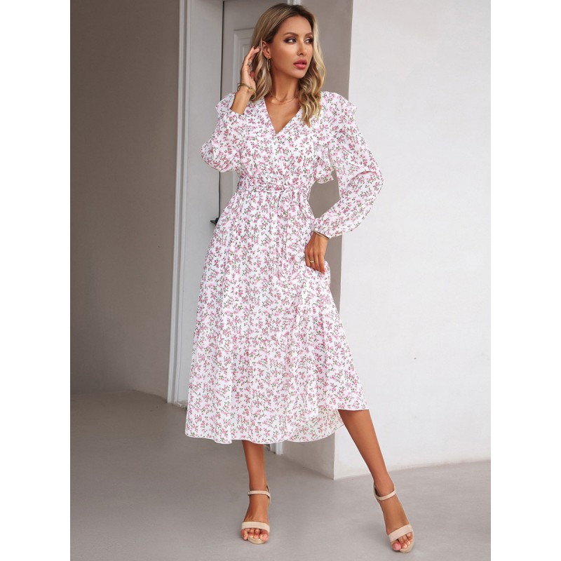 Floral Midi Dresses Ruffles V-Neck Long Sleeves Chic Fall Medium Dress Sweet Chic  Modern Daily Casual Dating