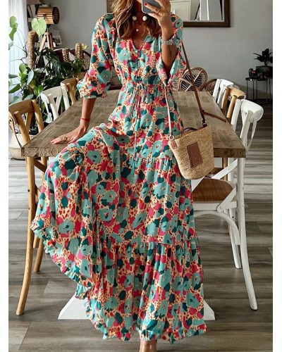 V-Neck Maxi Dress Long Sleeves Casual Printed Long Dress Bohemian Spring Fall