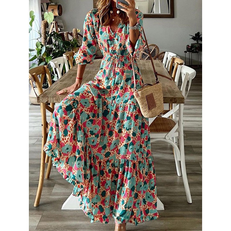 V-Neck Maxi Dress Long Sleeves Casual Printed Long Dress Bohemian Spring Fall