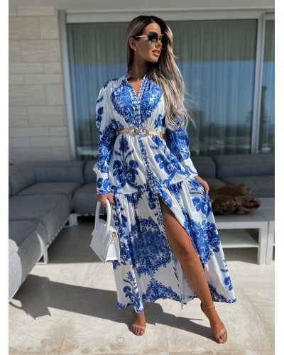 V-Neck Maxi Dress Long Sleeves Sexy Floor Length Dress Bohemian Beach Resort Wear