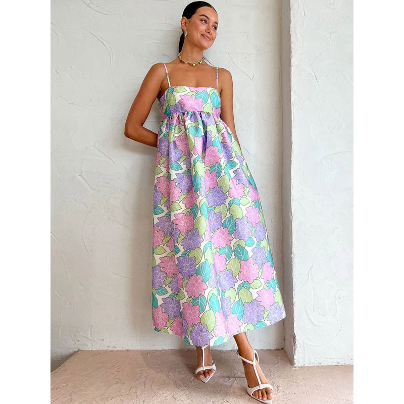 Summer Dress Straps Neck Floral Print Lace Up Open Shoulder Blue Long Dress Maxi Beach Resort Wear