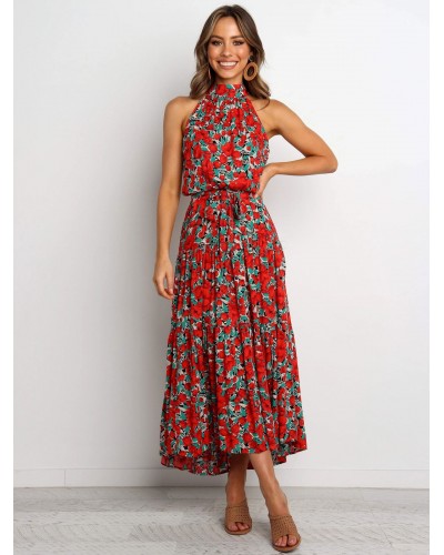 Women Dresses Sleeveless Red Floral Printed Crewneck Bows Open Shoulder Cotton Long Dress Maxi Summer