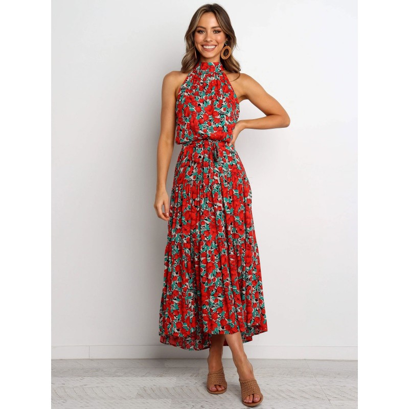 Women Dresses Sleeveless Red Floral Printed Crewneck Bows Open Shoulder Cotton Long Dress Maxi Summer