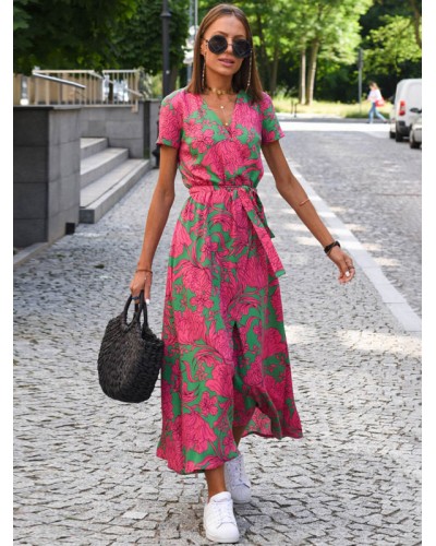 Floral Dresses Printed Lace Up V-Neck Short Sleeves Front Slit Casual Long Maxi Summer