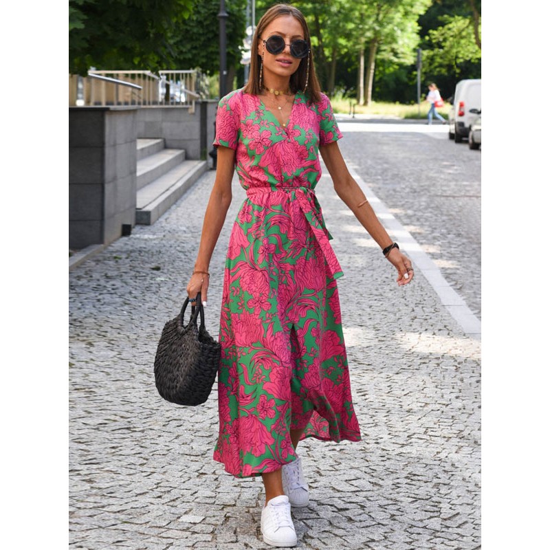 Floral Dresses Printed Lace Up V-Neck Short Sleeves Front Slit Casual Long Maxi Summer