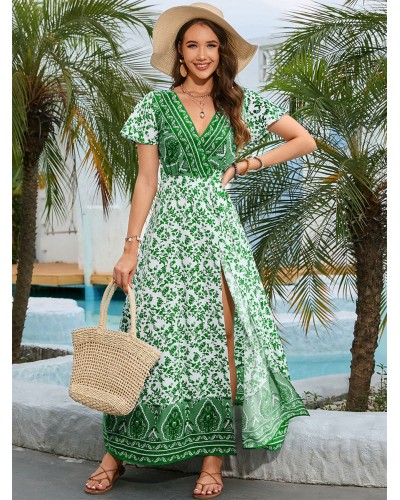 Women Floral Maxi Dresses Short Sleeves V-Neck Lace Up Front Slit Long Summer Dresses Casual Bohemian Daily Casual Resort Wear