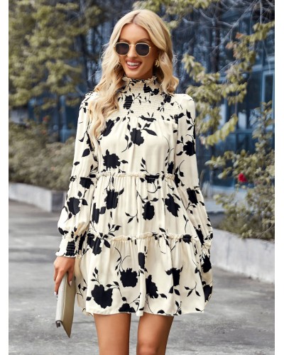 Women Shift Dresses White Stand Collar Fabulous Printed Woman's Tunic Dress Bohemian Spring Fall