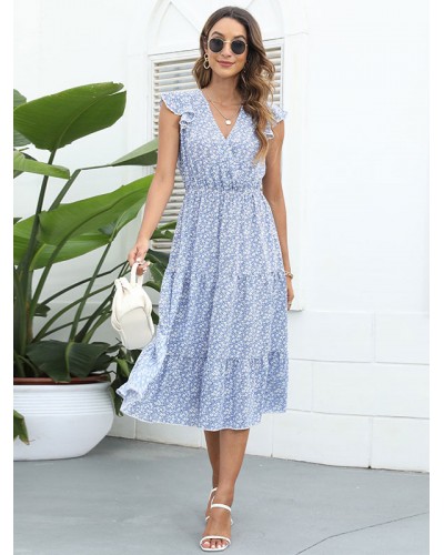 Floral Print Sexy V-Neck Sleeveless Midi Dress Summer Dating