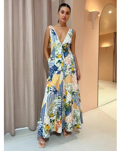 Summer Dress Dresses Blue V-Neck Floral Print Beach Dress Maxi Resort Wear