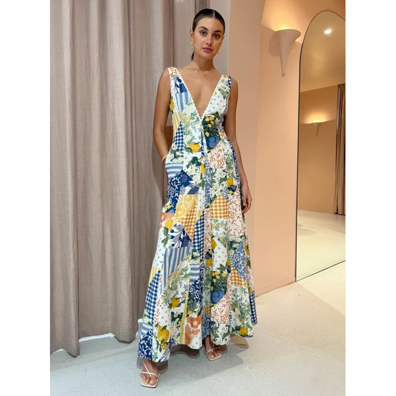 Summer Dress Dresses Blue V-Neck Floral Print Beach Dress Maxi Resort Wear