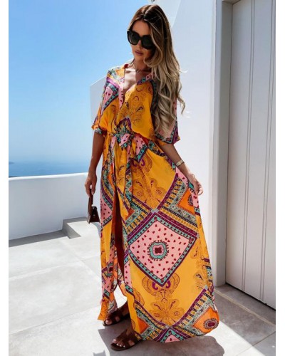 Women Maxi Dresses Short Sleeves Orange Printed Pattern V-Neck Floor Length Dress Bohemian Summer