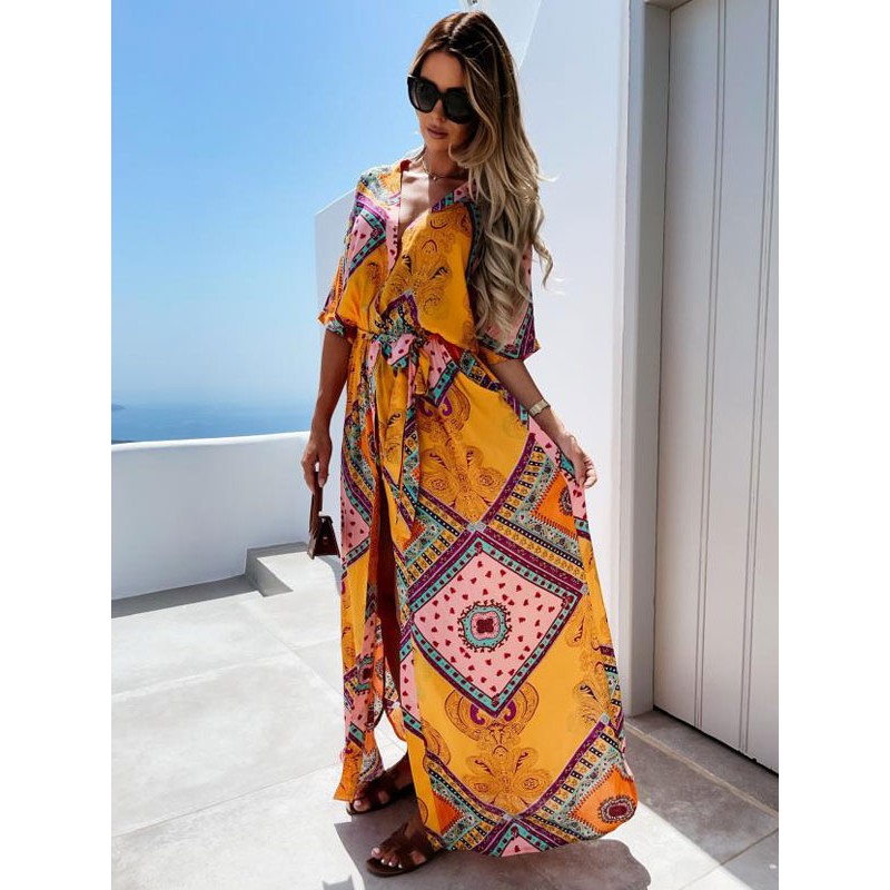 Women Maxi Dresses Short Sleeves Orange Printed Pattern V-Neck Floor Length Dress Bohemian Summer