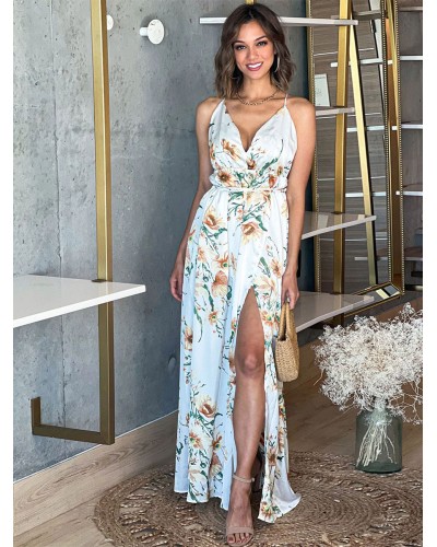 Floral Dresses Sleeveless V-Neck Sexy Backless Adjustable Straps Backless Front Slit Long Summer Dress Maxi Resort Wear