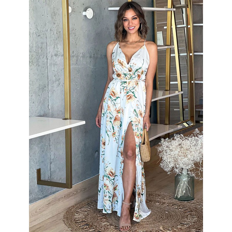 Floral Dresses Sleeveless V-Neck Sexy Backless Adjustable Straps Backless Front Slit Long Summer Dress Maxi Resort Wear