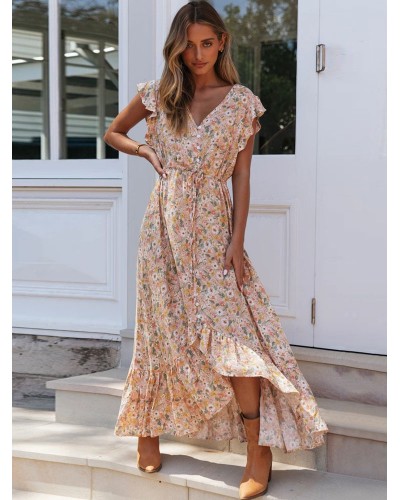 Women Dresses Short Sleeves Orange Floral Print V-Neck Drawstring Asymmetrical Chiffon Long Dress Maxi Beach Resort Wear