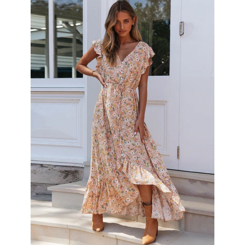 Women Dresses Short Sleeves Orange Floral Print V-Neck Drawstring Asymmetrical Chiffon Long Dress Maxi Beach Resort Wear