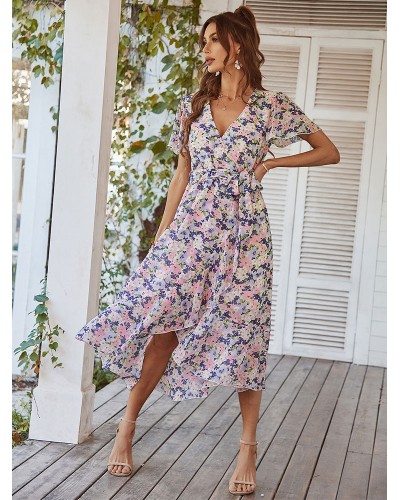 Women V-Neck Maxi Dress Short Sleeves Printed Floor Length Dress Bohemian Summer