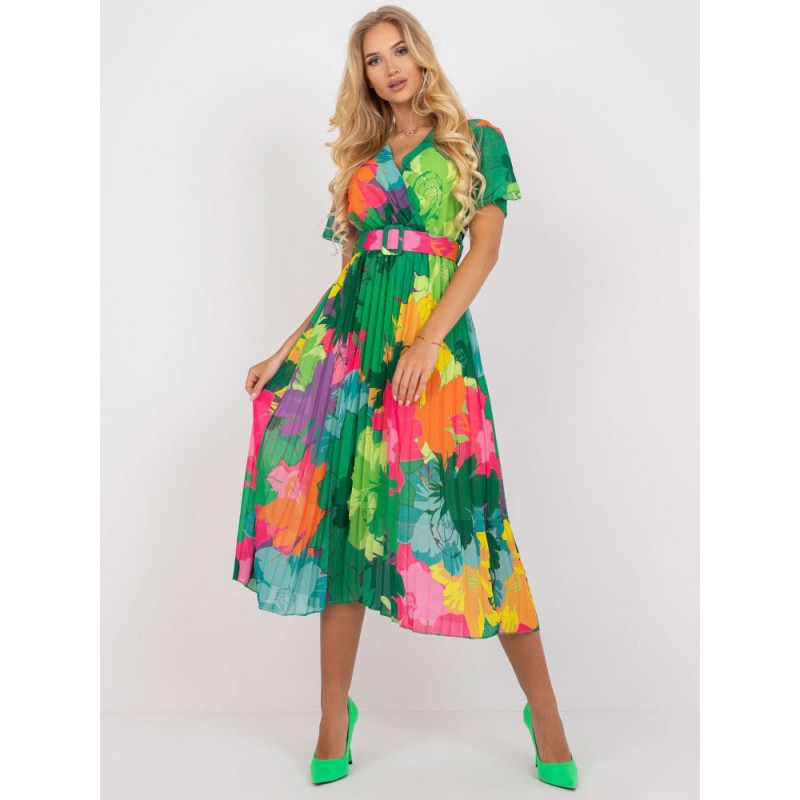 Women Dress V-Neck Floral Print Sash Green Medium Beach Dress Summer