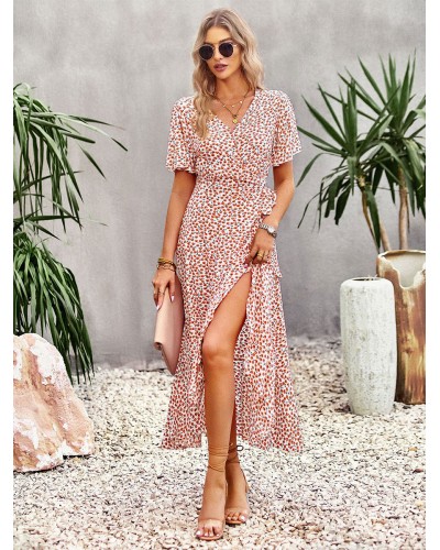 Women Floral Print Casual V-Neck Short Sleeves Midi Dress Bohemian Summer