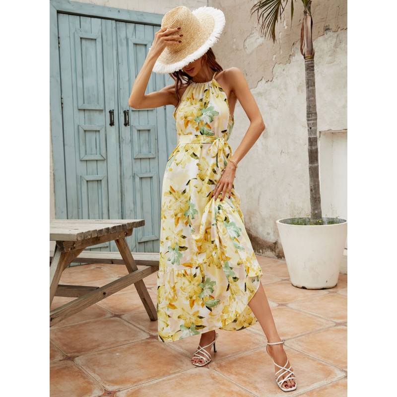 Women Print Dresses Printed Sash Jewel Neck Sleeveless Casual Long Dress Maxi Summer Fall