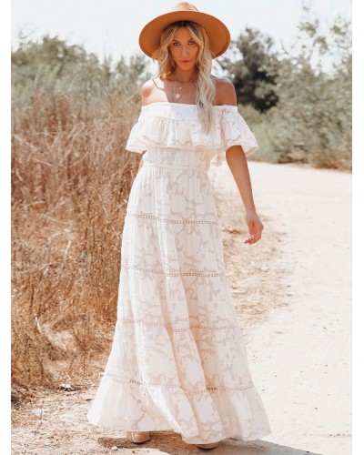 Boho Maxi Dress Off Shoulder White Flower A-line Layered Hem Long Dress For Women Field