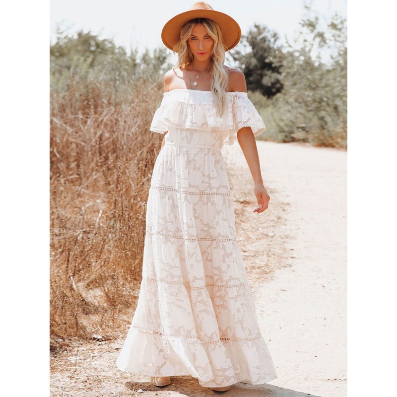 Boho Maxi Dress Off Shoulder White Flower A-line Layered Hem Long Dress For Women Field