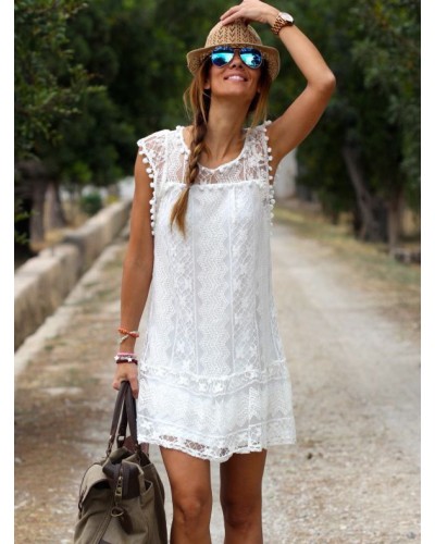 White Lace Sheer Sleeveless Tunic Short Summer Dress Bohemian