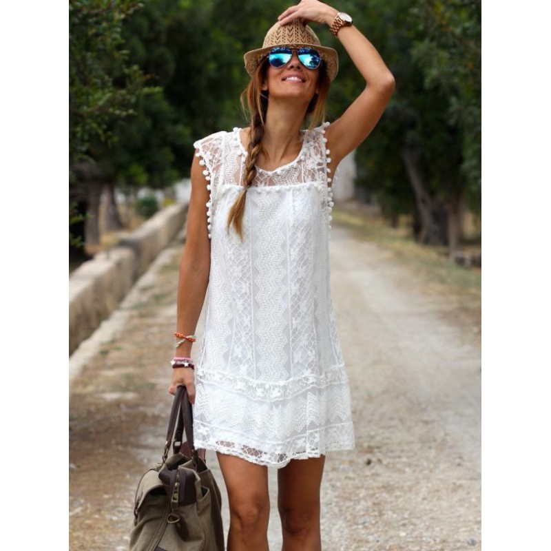 White Lace Sheer Sleeveless Tunic Short Summer Dress Bohemian