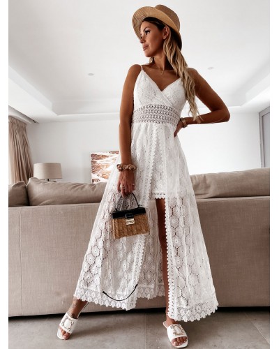 Birthday Lace Boho Dress Straps V Neck White Summer Long Romper Dress For Women Bodycon Beach