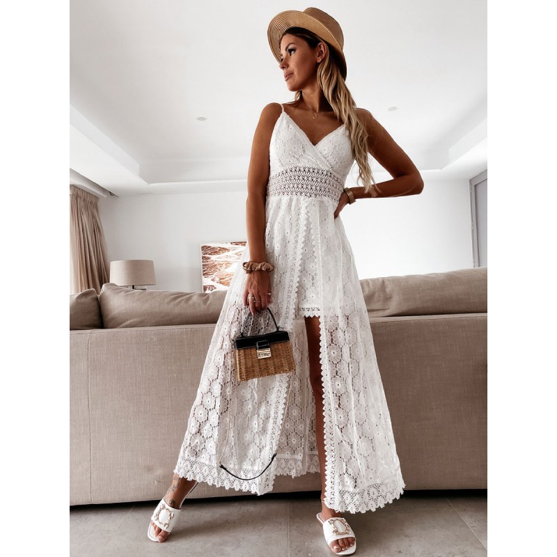 Birthday Lace Boho Dress Straps V Neck White Summer Long Romper Dress For Women Bodycon Beach