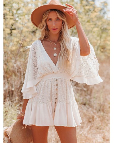 Boho Dress Lace V Neck Batwing White Flare Mini Dress For Women Resort Wear