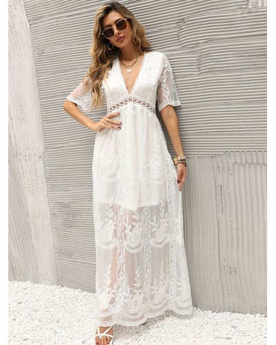 Women White Long Dress Lace Sexy V Neck Short Sleeves Boho Maxi Dresses Bohemian Summer