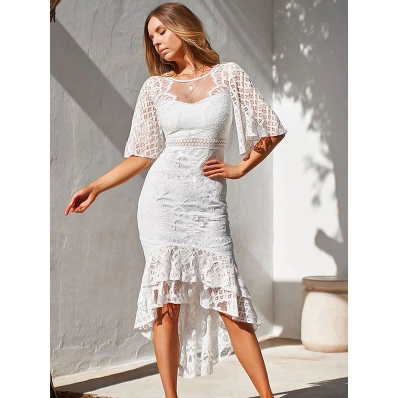 Lace Dresses Burgundy Jewel Neck Half Sleeves Long Summer Casual Dresses Maxi Dating