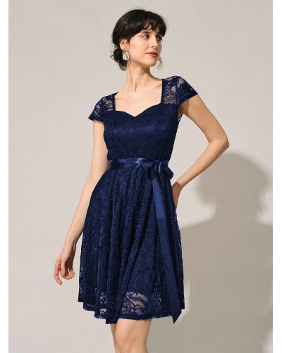 Women Lace Dress Bow Sash Sweetheart Short Sleeves Pleated Swing Retro Party Dress Vintage Summer