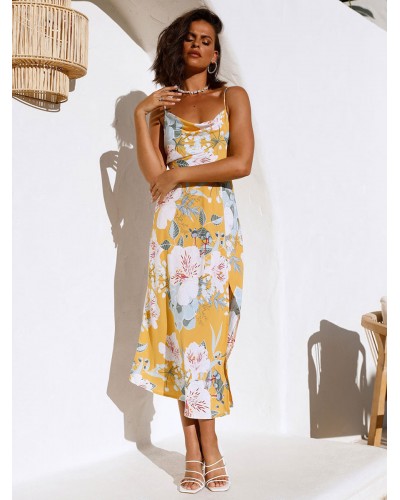 Women Print Midi Dresses Floral Print Spaghetti Straps Cowl Neck Sleeveless Backless Side Slit Chic Summer Dresses Chic  Modern Street Wear Resort Wear