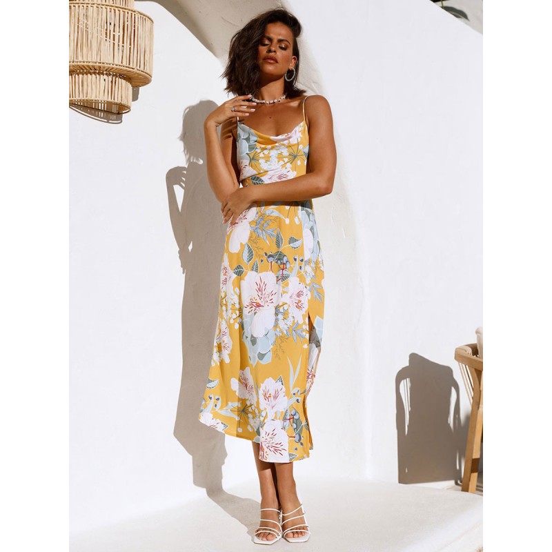 Women Print Midi Dresses Floral Print Spaghetti Straps Cowl Neck Sleeveless Backless Side Slit Chic Summer Dresses Chic  Modern Street Wear Resort Wear