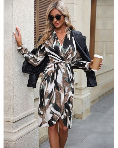 Women Wrap Dresses Long Sleeves Front Slit Printed Dress Shirt Spring Fall