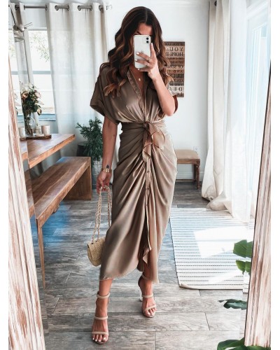 Dress Turndown Collar 3/4 Length Sleeves Casual Asymmetrical Long Dress Maxi Dating