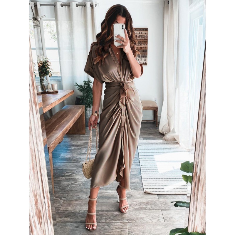 Dress Turndown Collar 3/4 Length Sleeves Casual Asymmetrical Long Dress Maxi Dating