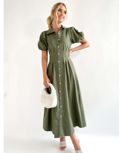 Women Midi Dress Hunter Green Turndown Collar Short Sleeves Dress Shirt Summer Fall