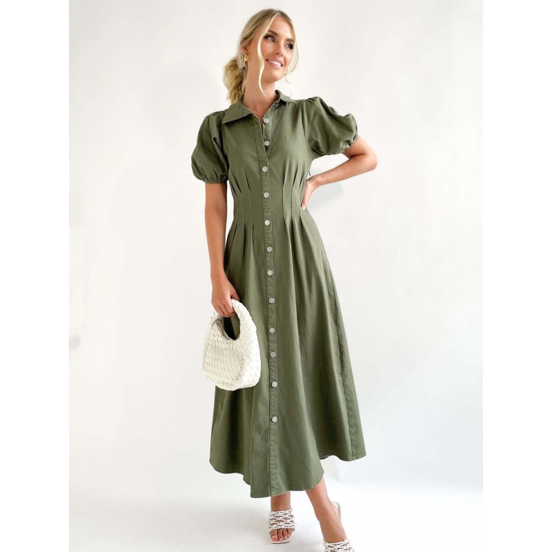 Women Midi Dress Hunter Green Turndown Collar Short Sleeves Dress Shirt Summer Fall