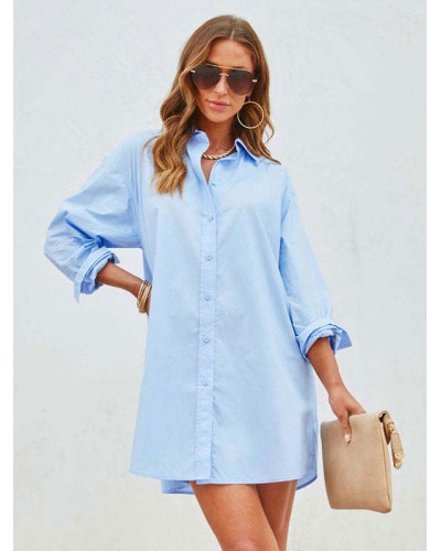 Women Dresses Turndown Collar Long Sleeves Mini Dresses Shirt Spring Summer Fall