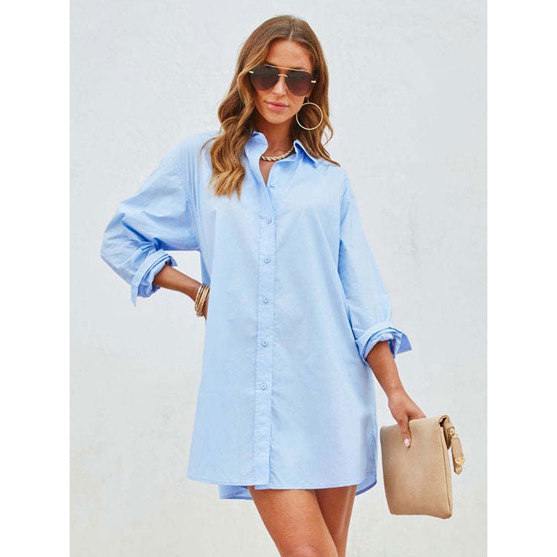 Women Dresses Turndown Collar Long Sleeves Mini Dresses Shirt Spring Summer Fall