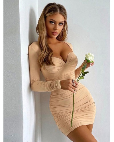 Birthday Bodycon Dress Off White Floral Print Long Sleeves V-Neck Layered Sheath Wrap Dresses Sexy Field