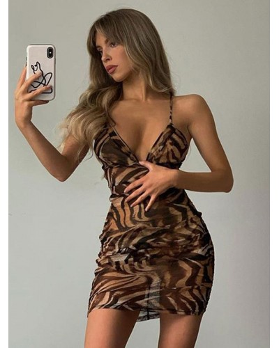 Women Dress Straps Neck Leopard Print Fringe Backless Leopard Beach Dress Spring Summer Fall