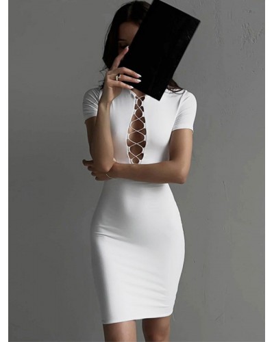 Bodycon Dresses White Jewel Neck Lace Up Short Sleeves Pencil Dress Sexy Street Wear