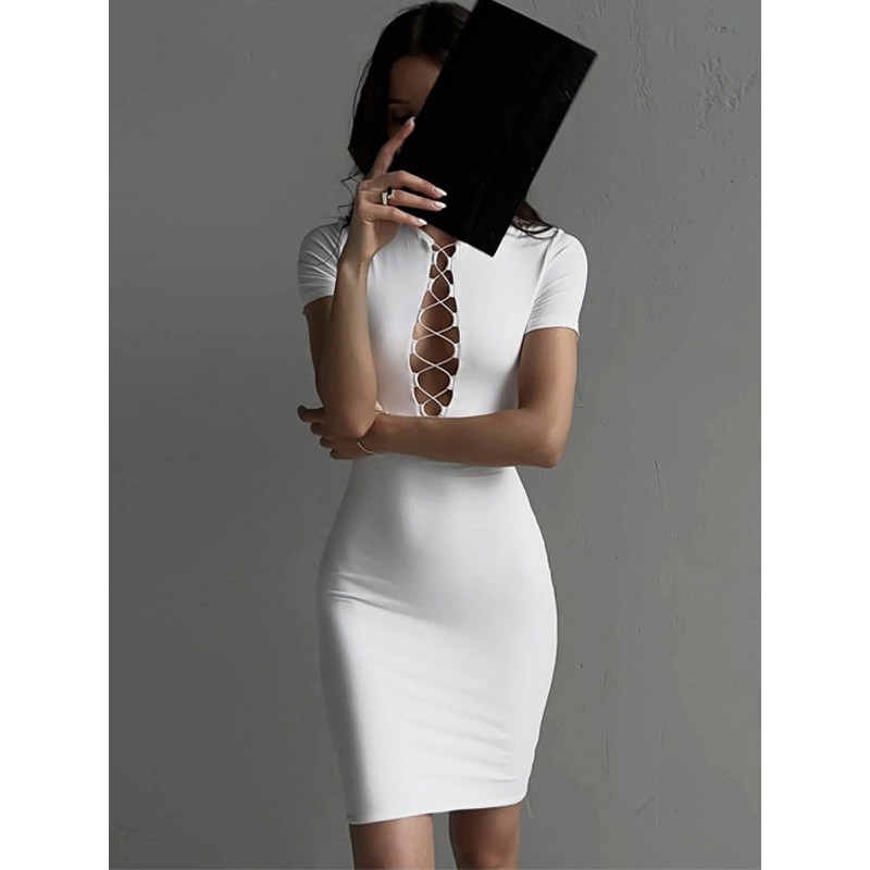 Bodycon Dresses White Jewel Neck Lace Up Short Sleeves Pencil Dress Sexy Street Wear